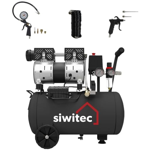 siwitec Kompressor SK-750 inkl. 10 m Druckluftschlauch, Druckluftpistole mit 2 Verlängerungstücken und Reifenfüller mit 4 Adaptern | 750 W, 24 L, max. 8 bar, 67 dB, 126 l/min Ansaugleistung | ölfrei