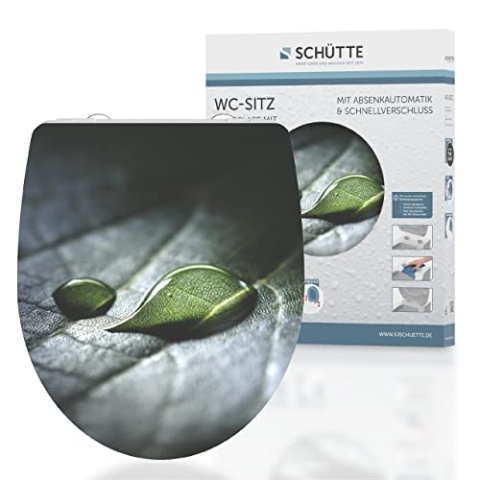 SCHÜTTE WC-Sitz Duroplast HG RAIN DROP, Hochglänzender Toilettensitz mit Absenkautomatik, Schnellverschluss für die einfache Reinigung, maximale Belastung der Klobrille 175 kg, Motiv RAIN DROP 82583