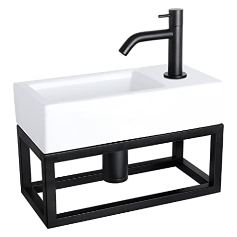 Differnz Ravo Fonteinset - Keramiek - Kraan gebogen mat zwart - Met handdoekrek - 38.5 x 18.5 x 9 cm