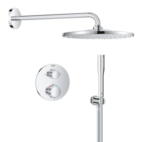 GROHE Precision 310, Unterputz Duschsystem (31cm Regendusche mit Thermostat, Kopfbrause 1 Strahlart, Duschkopf 1 Strahlart, Komplettset, 1,50m Duschschlauch), rund, chom, 34880000