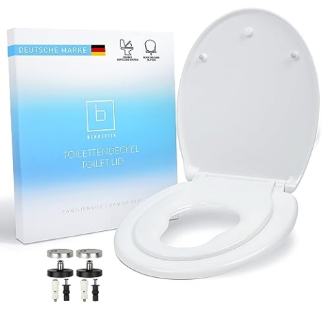 Benkstein® Toilettensitz Kinder mit Absenkautomatik oval weiß – antibakterieller WC Sitz – Quick-Release - einfache Reinigung – einfache Montage – Duroplast – abnehmbar – integrierter Kindersitz