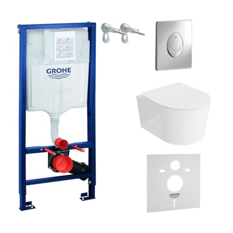 LAVITA Vorwandelement Solido Start + Wand Hänge WC Loso Weiß Spülrandlos + WC Sitz mit Absenkautomatik Verchromter Knopf Komplettset Unterputz Spülkasten Toilette Komplett Sett WC