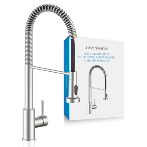 Bächlein Küchenarmatur Nedo – 360 Grad schwenkbar (gebürsteter Edelstahl) – Einhand-Spültischbatterie aus Edelstahl mit flexiblem Hals und Brause mit Umschalt-Taste, Wasserhahn für die Küche