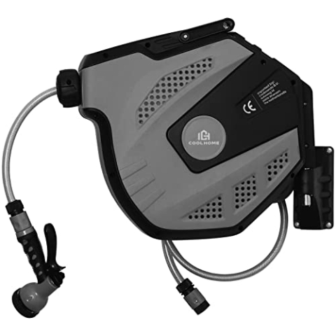 CoolHome Hose Reel 15 m + 1.5 m - Wall Hose Box with Automatic Reel - 180° Rotatable - Black - Grey