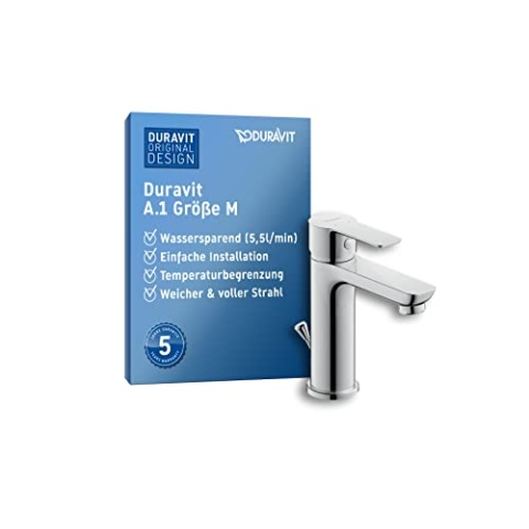 Duravit A.1 Waschtischarmatur, Größe M (Auslauf Höhe 109 mm), Wasserhahn Bad mit Zugstangen-Ablaufgarnitur, Waschbecken Armatur, Chrom
