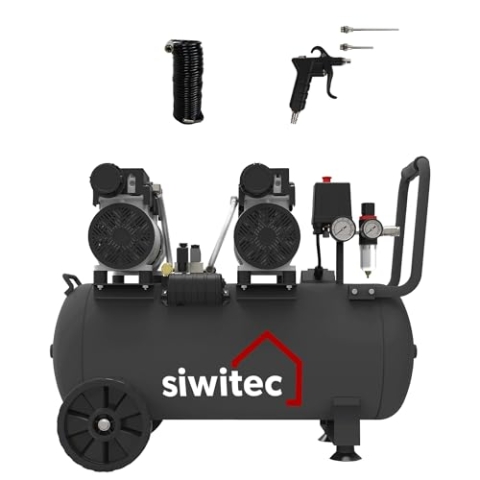 siwitec Flüsterkompressor SK-1500 inkl. 10 m Druckluftschlauch und Druckluftpistole mit 2 Verlängerungsstücken | Kompressor mit 1500 W, 50 L, max. 8 bar, 67 dB, 252 l/min Ansaugleistung | ölfrei