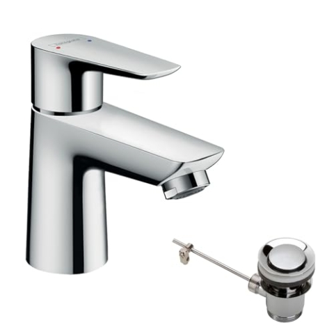 hansgrohe Niederdruck Waschtischarmatur Talis E, Wasserhahn Bad mit Auslauf Höhe 80 mm, mit Zugstange, Badarmatur wassersparend, Chrom