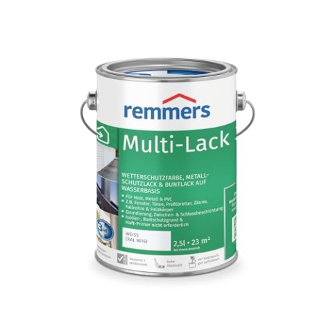 Remmers Multi-Lack 3in1 weiß (RAL 9016), 2,5 Liter, Wetterschutzfarbe, Metallschutzlack & Buntlack auf Wasserbasis für Holz, Metall & PVC