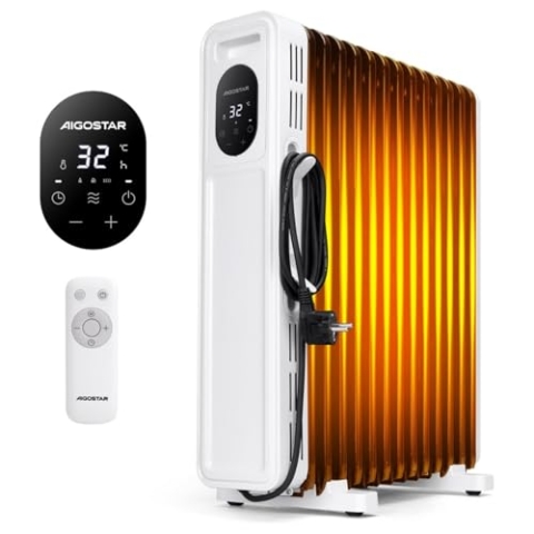 Aigostar Snug - Energiesparend 2500W Ölradiator mit Fernbedienung, 13Rippen Smart Thermostat Heizung, 3 Heizstufen, 24h Timer, LED-Anzeige, Kipp & Überhitzungsschutz, Mobiler Electric Heater