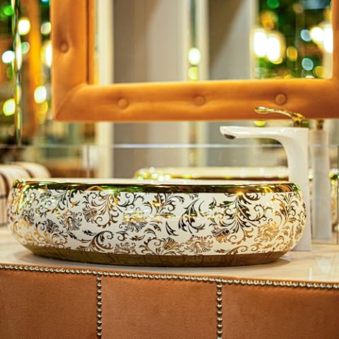 Rea Aufsatzwaschbecken Melania Meryl, Waschtisch Handwaschbecken Waschschale Waschbecken für Badezimmer aus hochwertiger Keramik, 600 x 405 x 145 mm (Weiß/Gold)