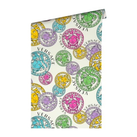 VERSACE WALLPAPER Bunt Weiß Rosa Blau Luxus Tapete Designer Vliestapete Logo Medusa 386101 10,05x0,70m Made in Germany