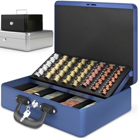 ACROPAQ Geldkassette - Abschließbar, Mit Münzzählbrett, Extra Groß, 35,8 x 27,3 x 11 cm, Mit 2 Schlüsseln, Premium Gehäuse - Geldkasse, Haushaltskasse - Blau