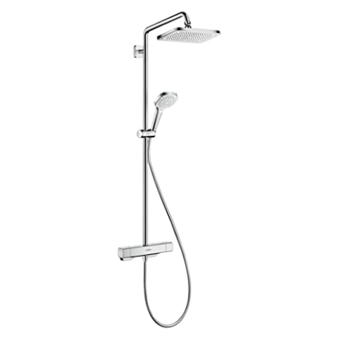 hansgrohe Croma E - Duschsystem mit Thermostat, Regendusche (280 x 170 mm) mit Armatur, Handbrause (3 Strahlarten), Schlauch, Brausestange und eckiger Kopfbrause (1 Strahlart), Chrom, 27630000