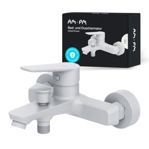 AM.PM Hit Badewannenarmatur Weiß mit Auslauf, Mischbatterie Badewanne, Brausebatterie Wanne, Einhand-Wannenbatterie für Badewanne und Dusche, Badezimmer Armatur, FTA10033