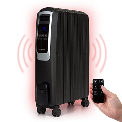 Klarstein Thermaxx Noir Ölradiator, 2500 W Leistung, 3 Stufen, Temperaturbereich: 10-30° C, 24-h-Timer für On-/Off-Funktion, Double U-Shape Heizrohr, MX-ThermalFin Design mit 10 Heizrippen, schwarz