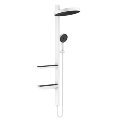 hansgrohe Duschsystem Rainfinity Regendusche 360 Unterputz (Kopfbrause, Duschkopf, Duschstange, Thermostat, Schlauch, Ablagen, 3 Strahlarten) Mattweiß