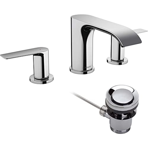 hansgrohe 3-Loch Waschtischarmatur Vivenis, Wasserhahn Bad mit Auslauf Höhe 90 mm, mit Zugstange, Badarmatur wassersparend, Chrom