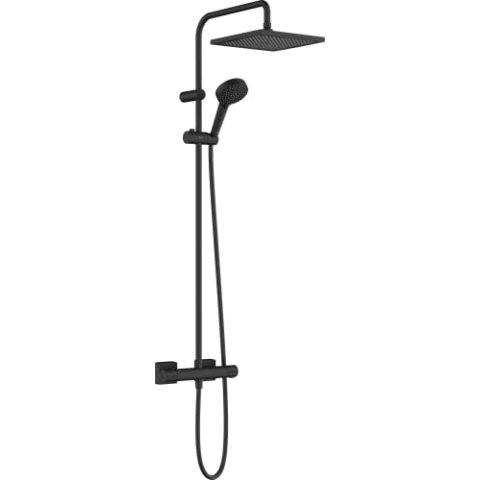 hansgrohe Vernis Shape - Duschsystem mit Thermostat, Regendusche (240 x 240 mm) mit Armatur, Handbrause (2 Strahlarten), Schlauch, Brausestange und eckiger Kopfbrause (1 Strahlart), Mattschwarz