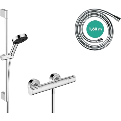 hansgrohe Pulsify Select S - wassersparendes Duschset mit Thermostat Ecostat Element, Duschthermostat mit Duschkopf 8,2 l/min (EcoSmart), Duschstange 65cm, Duschschlauch und Halterung, Chrom, 24272000
