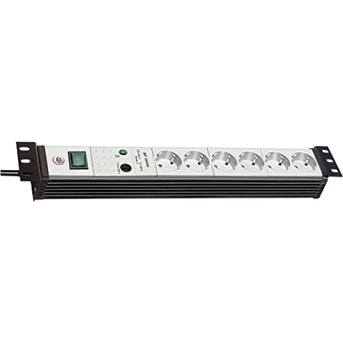 Brennenstuhl Premium-Line, Steckdosenleiste 6-fach mit Überspannungsschutz (3m Kabel und mit Schalter - in 19" Format, Made in Germany) schwarz/grau