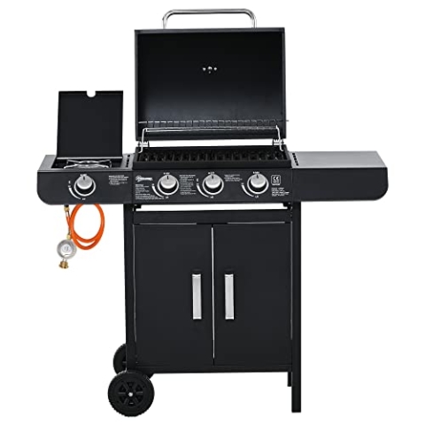 Outsunny Gasgrill 11,6 KW Grillwagen inkl 4 Edelstahl-Brenner Thermometer Kochplatte Flaschenöffner Seitenablagen,BBQ Gartengrill für Balkon 110 x 50 x 100 cm