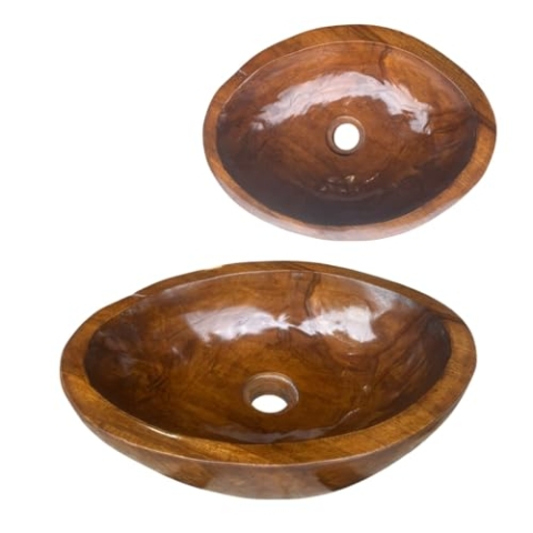 Lendo Online Waschbecken aus Teakholz oval 30x25 / 40x30 / 60x40 cm – Aufsatzwaschbecken aus Holz für Bad & Gäste-WC – Glatte Innenfläche – Naturprodukt – Stilvolle Holz-Waschschale (40x30cm)