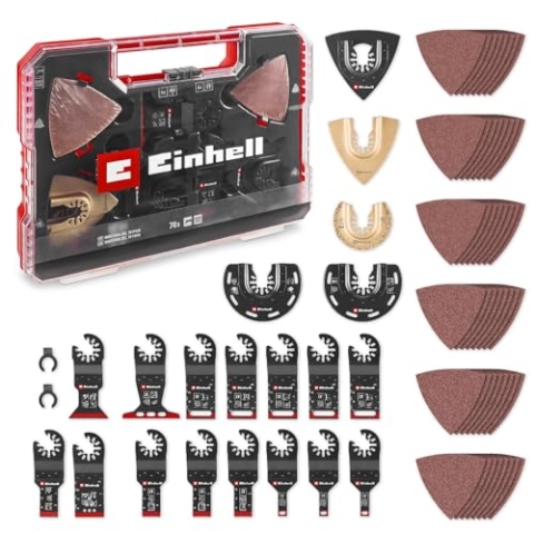 Original Einhell XXL-CASE 70-tlg. Multitool-Set (BiM/CrV-Tauchsägeblätter, HCS/HM/BiM-Halbrund-Sägeblätter, HM-Delta-Raspel, Delta-Trägerplatte, Schleifpapier, Dremel-Adapter)