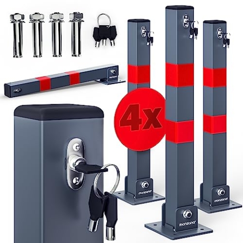 DEUBA® 4x Parkpfosten Parkplatzsperre 3 Schlüssel Sperrpfosten klappbar Stahl Robust Standfuß Stabil Park Poller Set