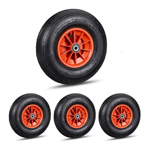 4 x Schubkarrenrad, 4.00-6 Reifen, Kunststofffelge, luftbereift, 3 Adapter, Ersatzrad Schubkarre, schwarz-rot