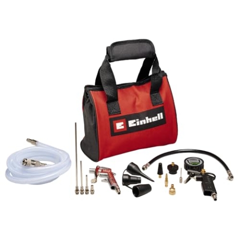 Original Einhell 15-tlg. Druckluftset m. Tasche (Kompressor Zubehör, inkl. 1x Ausblaspistole, 1x digitaler Reifenfüller, 2,5 m Gewebeschlauch, 8x Adapter, 1x Tasche)
