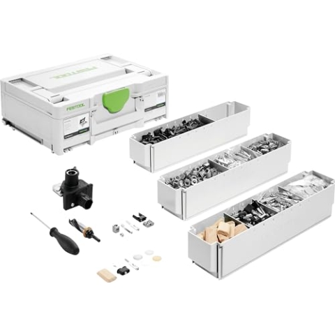 Festool DOMINO Verbinder Sortiment KV-SYS D8 (mit Korpusverbinder DOMINO, Mittenverbinder DOMINO, Abdeckkappen, DOMINO D, Bohrschablone, Beschlagbohrer, Schraubendreher), im Systainer