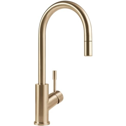 Villeroy & Boch Umbrella Flex Küchenarmatur, Hochdruck, Wasserhahn Küche mit ausziehbarer Brause und 360° Schwenkbereich, Spültischarmatur wassersparend, Auslauf Höhe 220mm, Gold