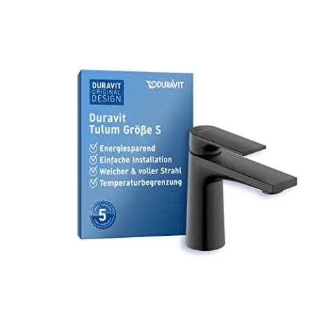 Duravit Tulum Waschtischarmatur, Größe S (Auslauf Höhe 97 mm), Wasserhahn Bad, Waschbecken Armatur mit energiesparender FreshStart-Funktion, Schwarz Matt
