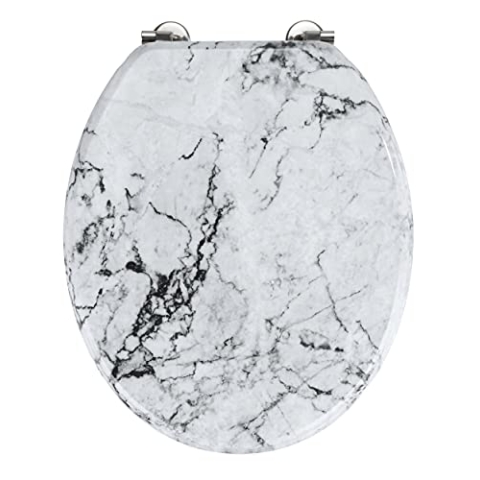 WENKO WC-Sitz Mod. Onyx, Toilettensitz in eleganter Marmor-Optik, WC-Deckel inkl. Wandpuffer und rostfreier Edelstahlbefestigung, Toilettenbrille aus MDF, 34,5 x 41 cm, FSC® zertifiziert, Mehrfarbig