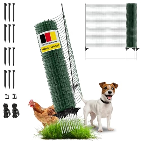 horizont Begrenzungszaun FIX, mobiler Zaun 15m Lang & 110cm hoch, engmaschig für Garten, Camping & Haustiere, inkl. 9 Fiberglaspfählen & 12 Heringen, Beetschutz, Hundezaun, Absperrzaun, Steckzaun