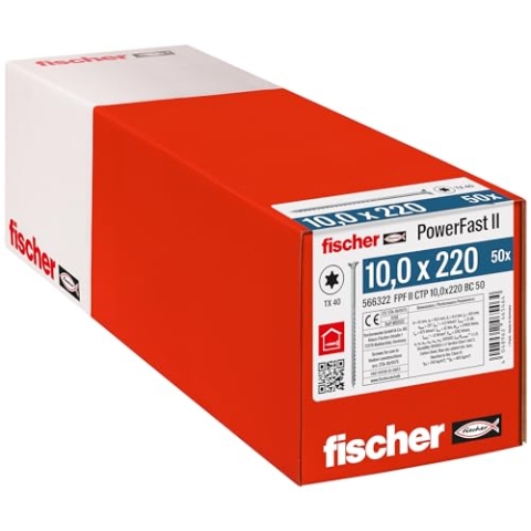 fischer PowerFast II CTP 10,0 x 220, kraftvolle Holzbauschraube mit Senkkopf, Innenstern-Aufnahme und Teilgewinde, für den konstruktiven Holzbau, 50 Stk.