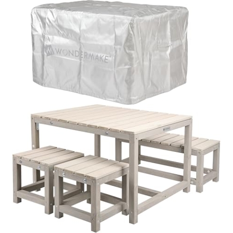 WONDERMAKE® Design Kindersitzgruppe Outdoor Garten Holz mit Abdeckung, Kinder-Sitzgarnitur Indoor Picknick-Gruppe ab 3 Jahre, beige grau