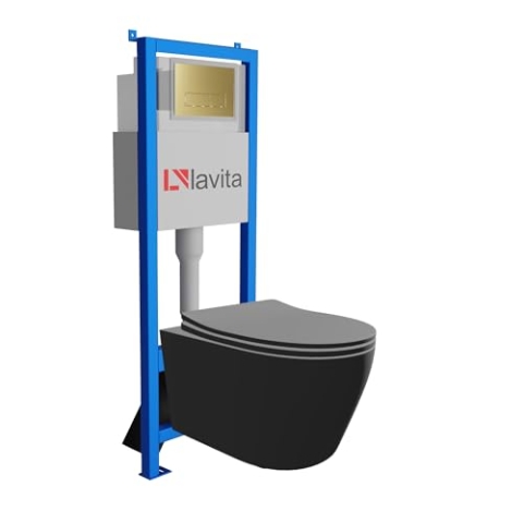 Lavita LAV 101 Vorwandelement für WC 40cm + Wand Hänge Tiefspül WC PRAIA Schwarz Spülrandlos + Bedienplatte LAV 200.3.5 Gold | Komplettset | Unterputz Spülkasten | Toilette Komplett Sett