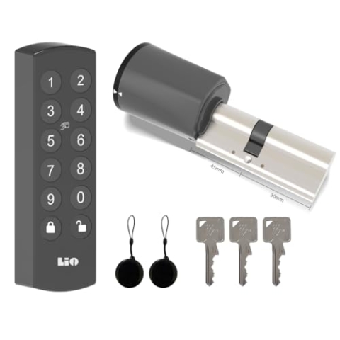 Lio Home Smart Lock, Elektronisches Türschloss mit Tastatur, Schließzylinder 30/45, Tür Entsperren über NFC-Karten, Zahlencode, APP, Schlüssel, Smartes Türschloss mit Akku und Ladegerät.