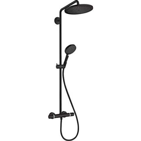 hansgrohe Duschsystem Croma Select S 280 Regendusche (Kopfbrause, Duschkopf, Duschstange, Thermostat, Schlauch, 3 Strahlarten) Mattschwarz