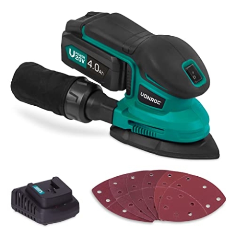 VONROC Deltaschleifer Akku, Dreieckschleifer, Multischleifer - Schleifgerät, Handschleifer mit Staubbehälter 20V inkl. 4Ah Akku & Ladegerät - Für Holz, Kunststoff, Metall - inkl. 6 Schleifpapier