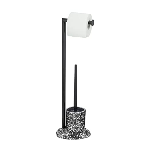 WENKO WC-Garnitur Terrazzo, inklusive WC-Bürste in Schwarz mit auswechselbarem Bürstenkopf und Rollenhalterung, lackierter Stahl kombiniert mit hochwertigem Kunststoff, 19 x 62 x 18,5 cm, Schwarz
