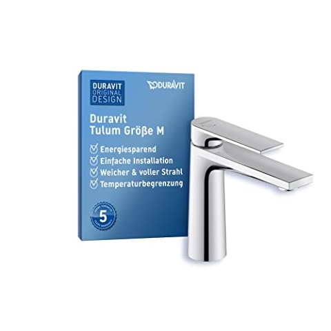 Duravit Tulum Waschtischarmatur, Größe M (Auslauf Höhe 122 mm), Wasserhahn Bad, Waschbecken Armatur mit FreshStart-Funktion, Chrom