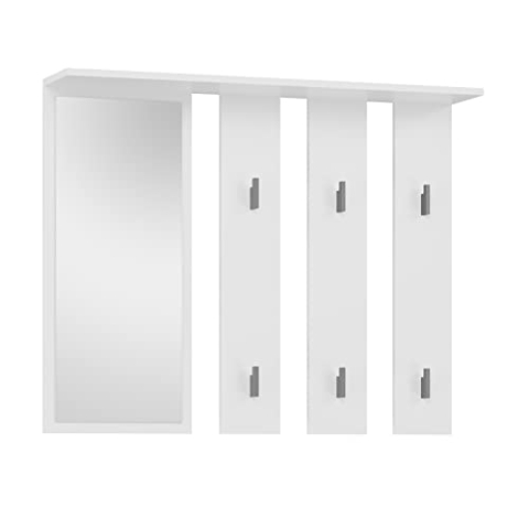 CDF Garderobe Parma | Farbe: weiß | Platz für Kleidung, Mäntel, Jacken | Ideal für Flur, Flur, Büro, Büro | 6 Haken | Regal | Großer Spiegel