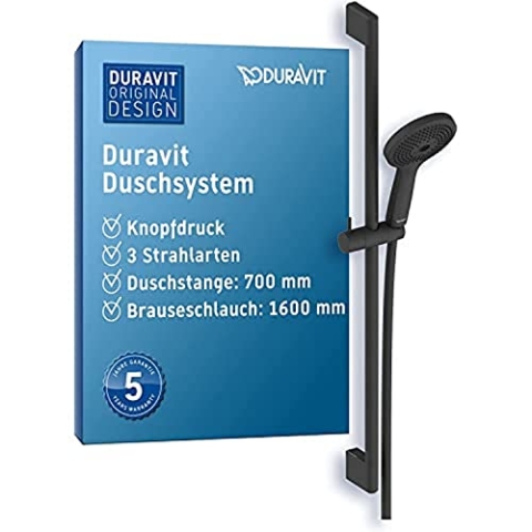 Duravit Universal Duschsystem, Duschset mit 3 Strahlarten (Rain, Pulse, Mono), Duschstange (700 mm) mit höhenverstellbarer Handbrause, Brauseschlauch mit Verdrehschutz, Schwarz Matt