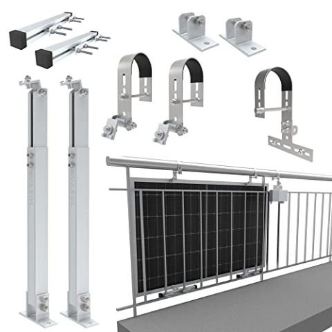 NuaSol - Balkonkraftwerkhalterung Geländer Befestigung für 1 Solarmodul, ein Wechselrichter Photovoltaik | rund | Set | Neigungswinkel 0° & 25-45°| Geländer Durchmesser bis 80mm, Silber