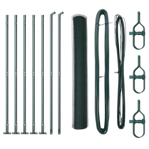 vidaXL Sechseckzaun Grün 1x10 m Stahl, Zaunpfosten mit Grundplatten 7 Stück Ø32mm 110cm verzinkter Stahl