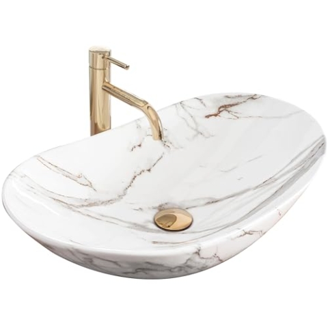 Rea Aufsatzwaschbecken Royal Shiny AIAX, Waschtisch Handwaschbecken Waschschale Waschbecken für Badezimmer aus hochwertiger Keramik, 605 x 360 x 160 mm (Weiß, Marmorimitat)