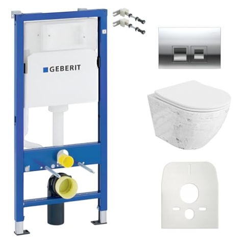Lavita Duofix Basic Vorwandelement + Wand Tiefspül WC Sofi Slim Paper Spülrandlos + WC Sitz + Bedienplatte Delta 25 Verchromt Knopf Komplettset Unterputz Spülkasten Toilette Komplett Sett WC