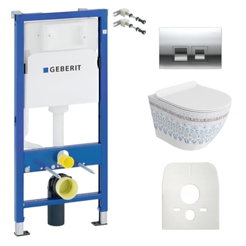Lavita Duofix Basic Vorwandelement + Wand Tiefspül WC Sofi Slim Folklor Spülrandlos + WC Sitz + Bedienplatte Delta 25 Verchromt Knopf Komplettset Unterputz Spülkasten Toilette Komplett Sett WC